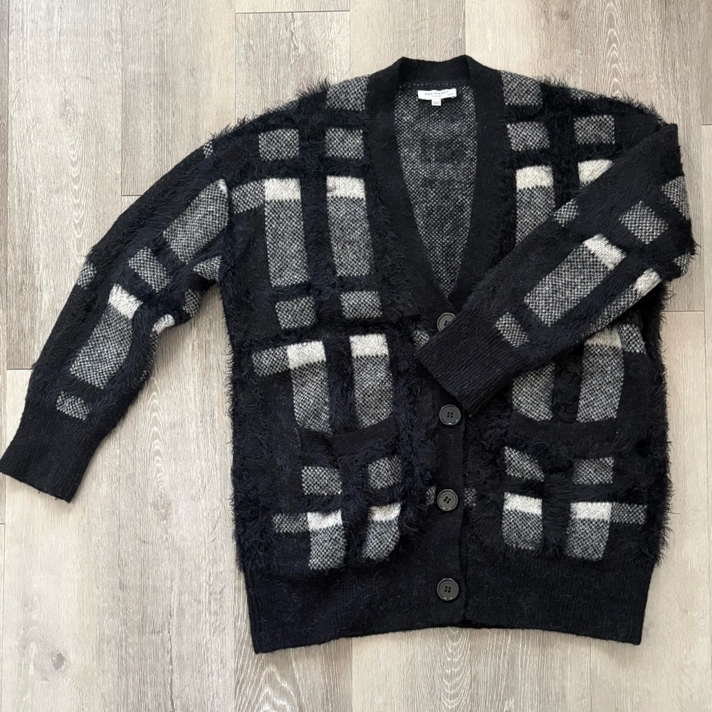 Equipment Plaid Oversized Button Cardigan Cisse Fuzzy Textured Black and White